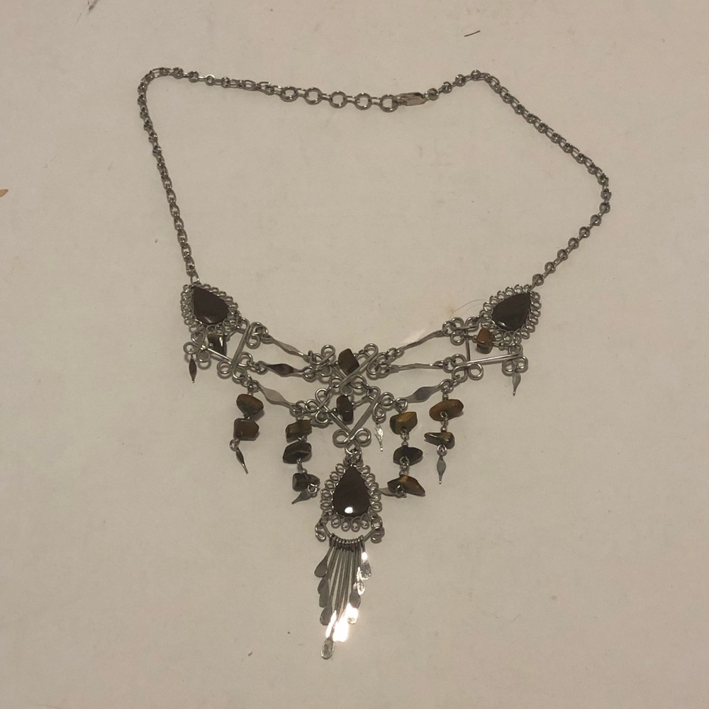 Silver-Tone Boho Dangle Necklace with Tigers Eye Accents